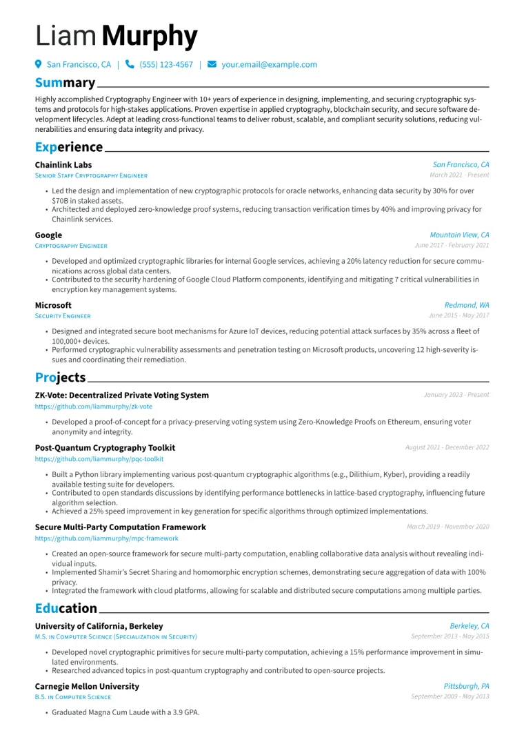 Cryptography Engineer Resume Example CV template preview