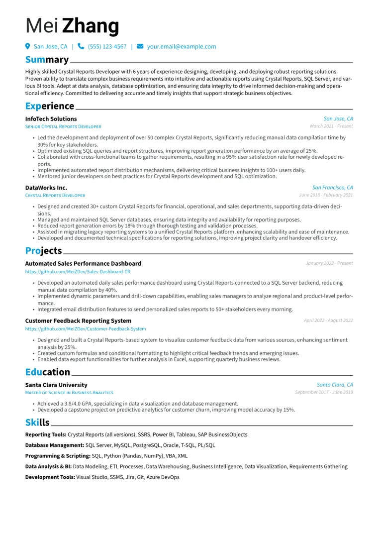 Crystal Reports Developer Resume Example CV template preview