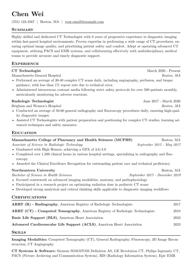 CT Technologist Resume Example CV template preview