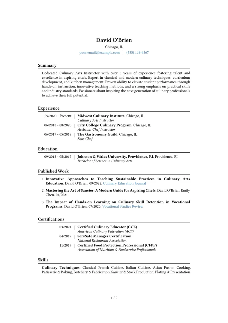 Culinary Arts Instructor Resume Example CV template preview