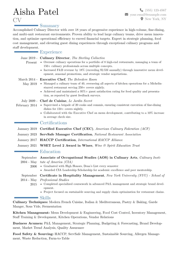 Culinary Director Resume Example CV template preview