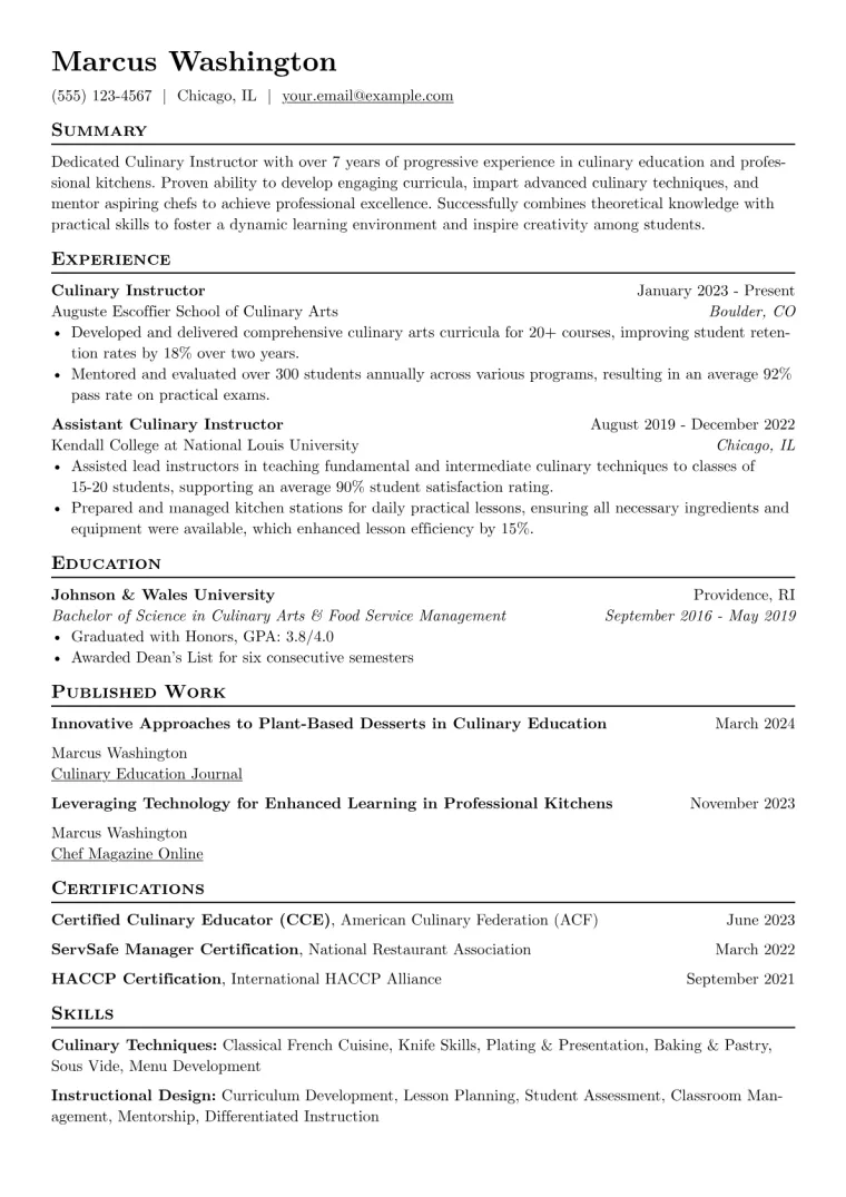 Culinary Instructor Resume Example CV template preview