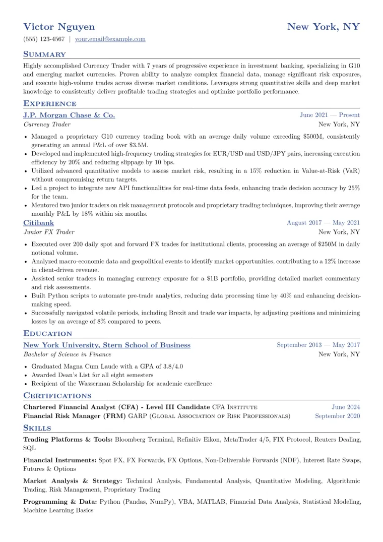 Currency Trader Resume Example CV template preview