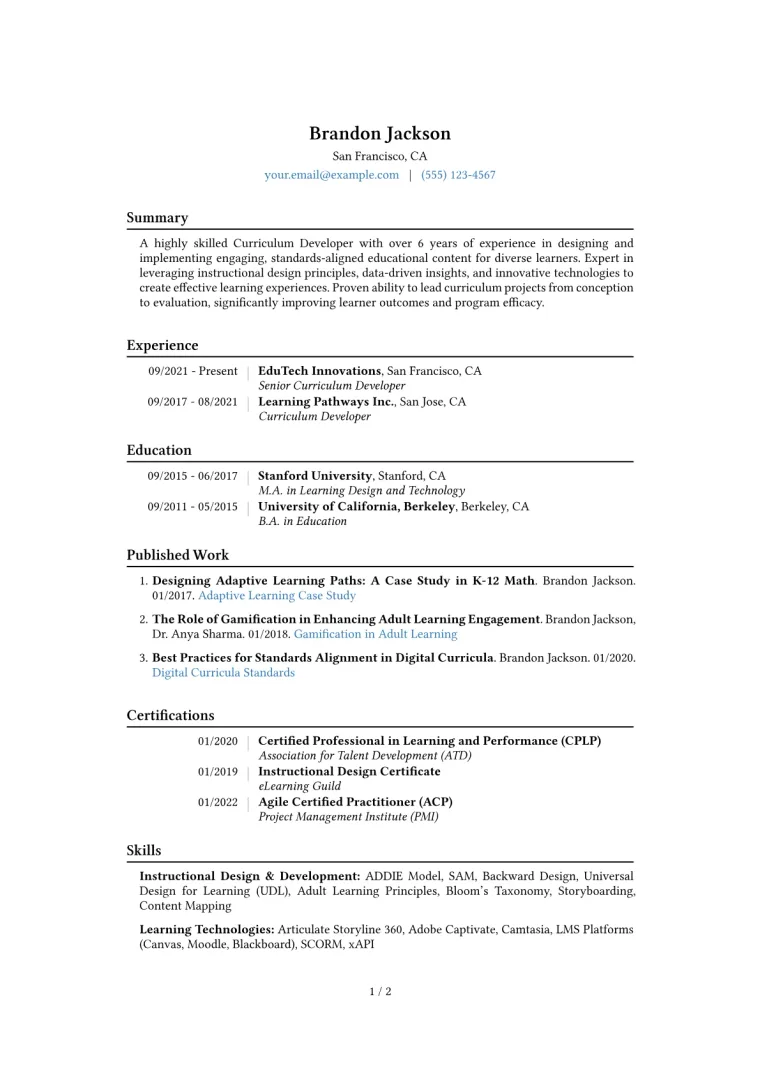 Curriculum Developer Resume Example CV template preview