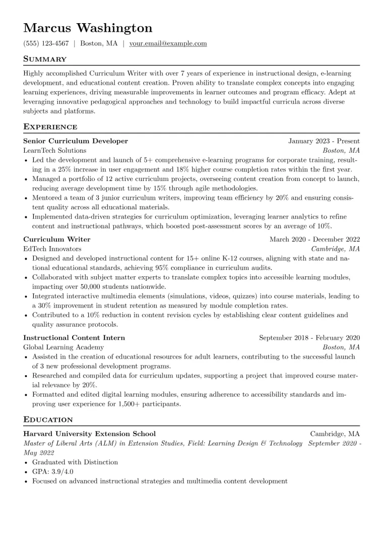 Curriculum Writer Resume Example CV template preview