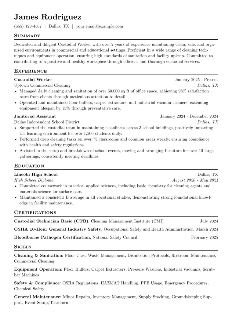 Custodial Worker Resume Example CV template preview