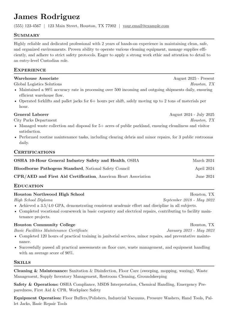 Custodian No Experience Resume Example preview