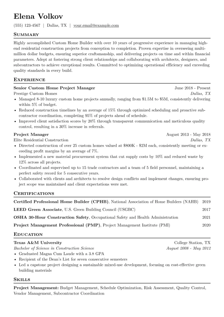 Custom Home Builder Resume Example CV template preview
