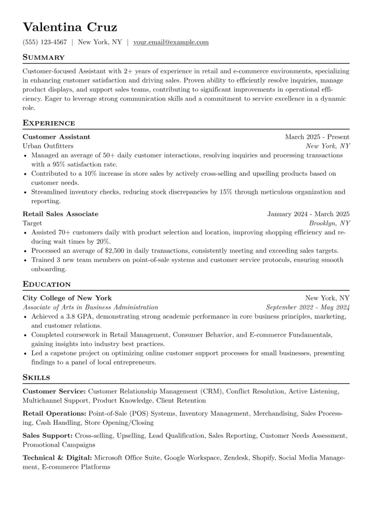 Customer Assistant Resume Example CV template preview