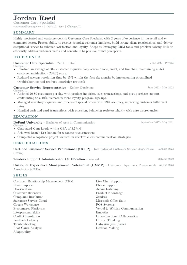 Customer Care Specialist Resume Example CV template preview