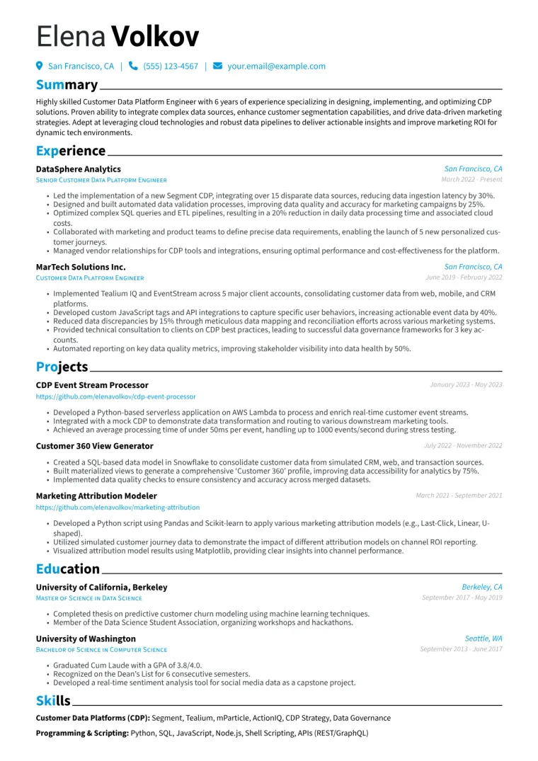 Customer Data Platform Engineer Resume Example CV template preview