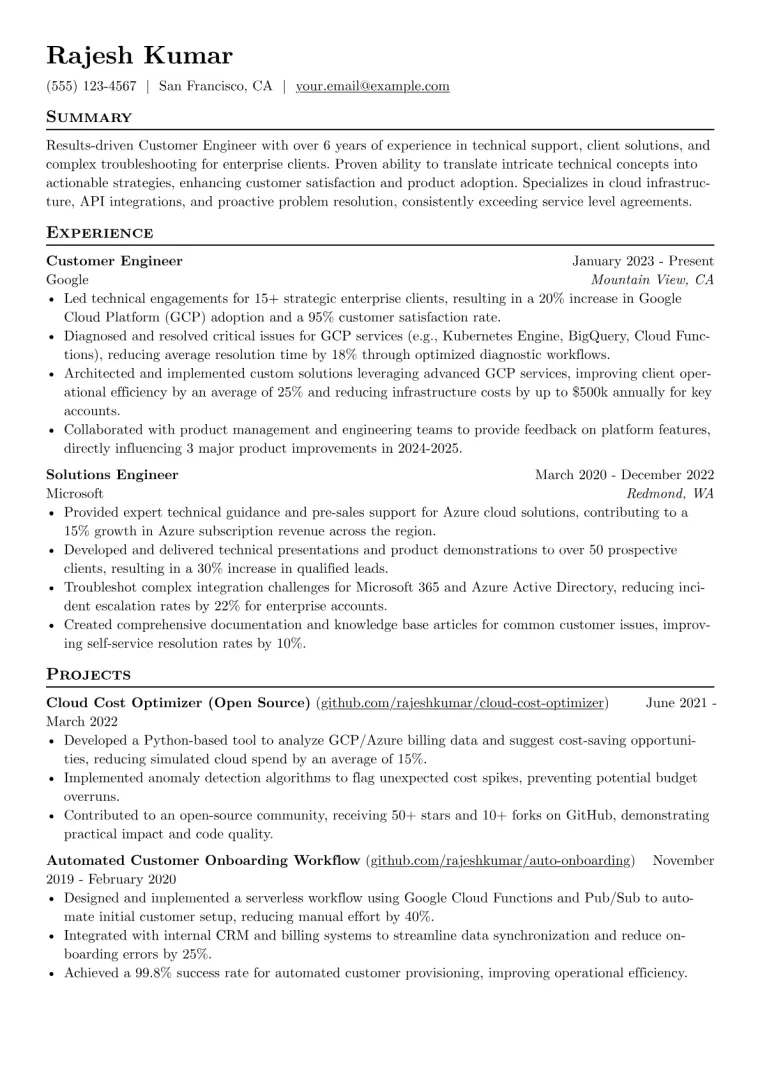 Customer Engineer Resume Example CV template preview
