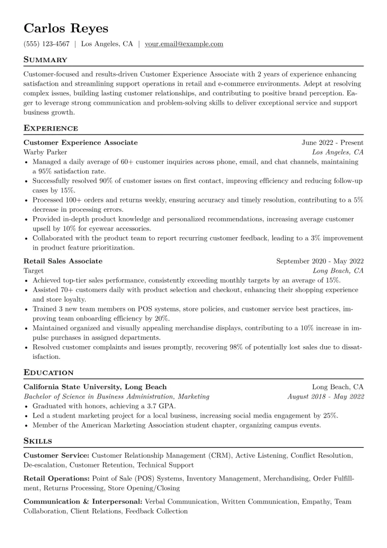 Customer Experience Associate Resume Example CV template preview