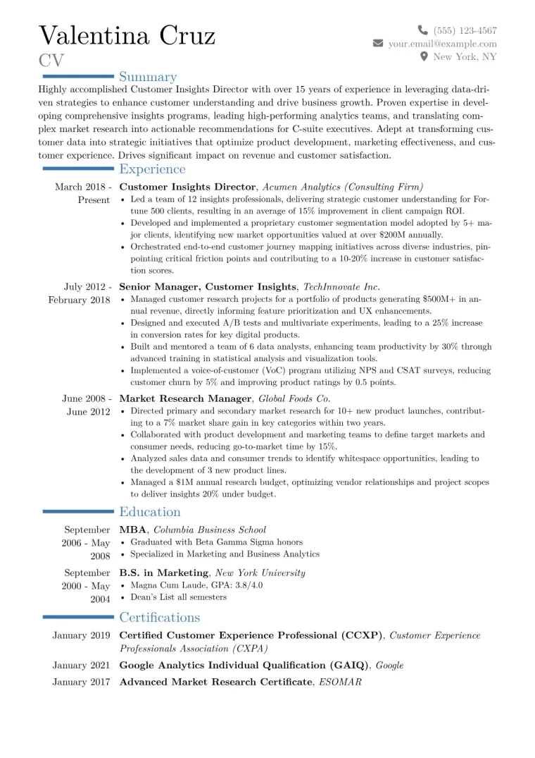 Customer Insights Director Resume Example CV template preview