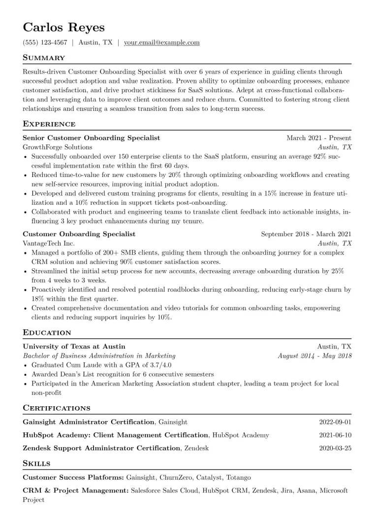 Customer Onboarding Specialist Resume Example CV template preview
