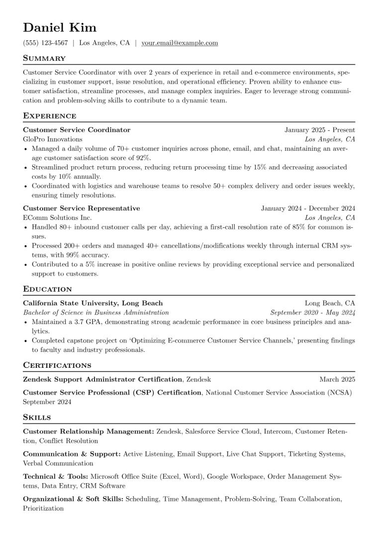 Customer Service Coordinator Resume Example CV template preview