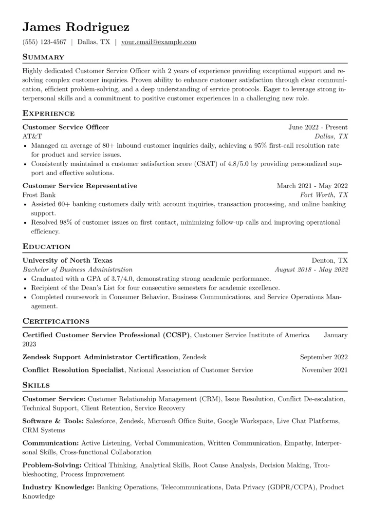 Customer Service Officer Resume Example CV template preview