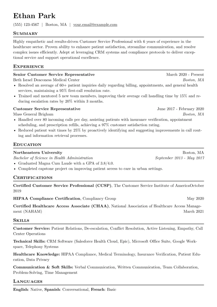 Customer Service Resume Example CV template preview