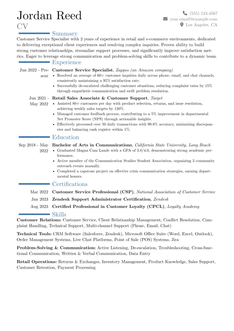 Customer Service Specialist Resume Example CV template preview