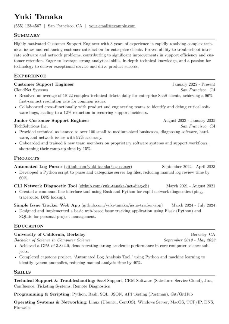 Customer Support Engineer Resume Example CV template preview