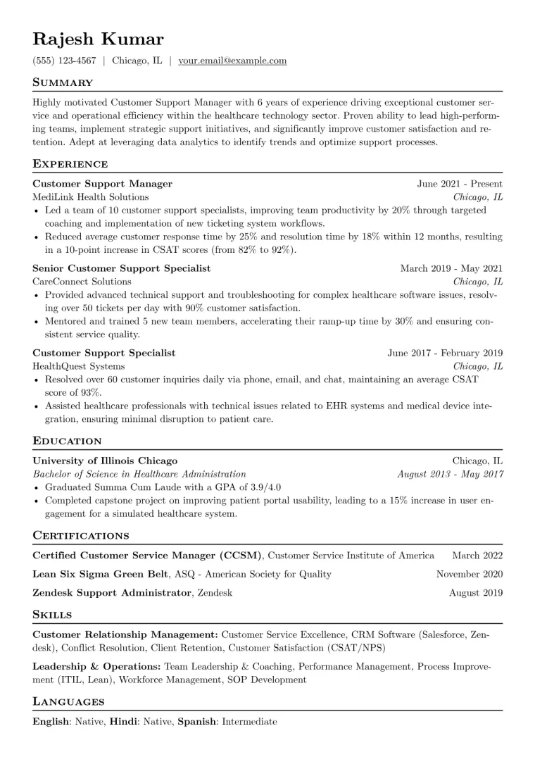 Customer Support Manager Resume Example CV template preview
