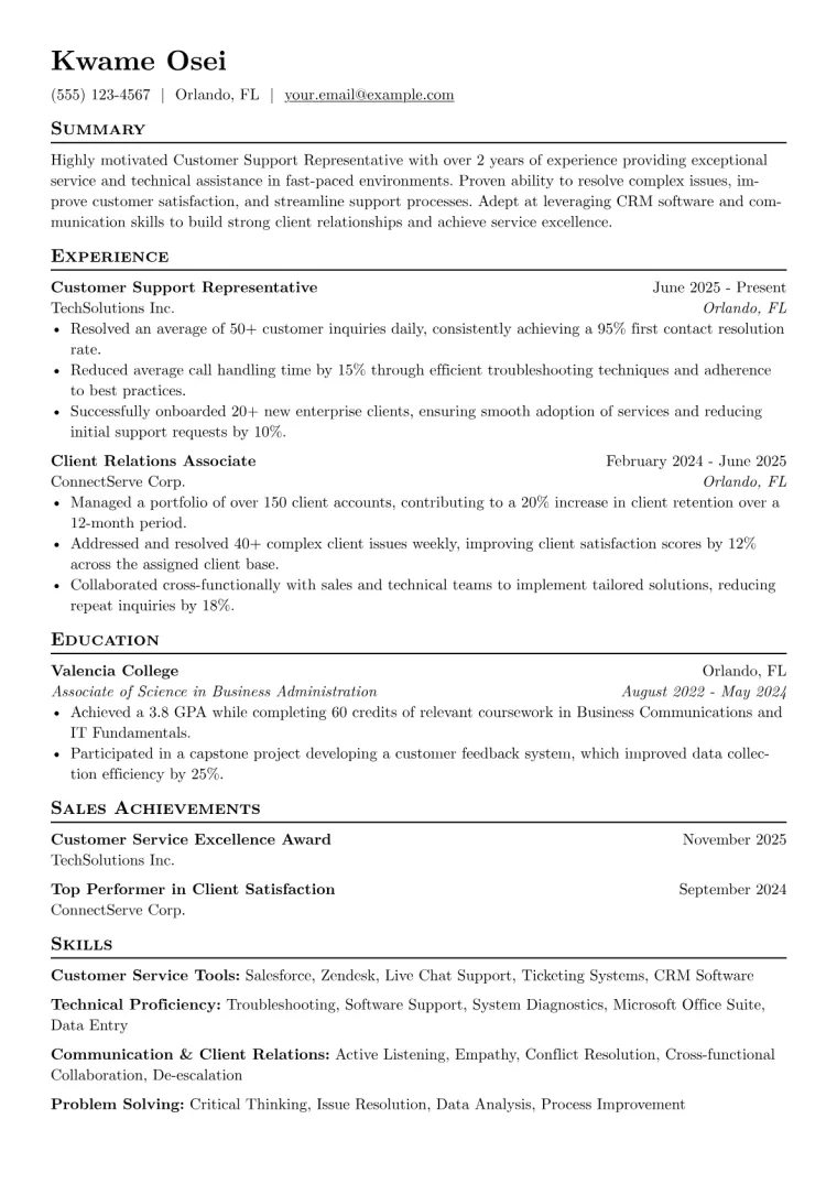 Customer Support Representative Resume Example preview