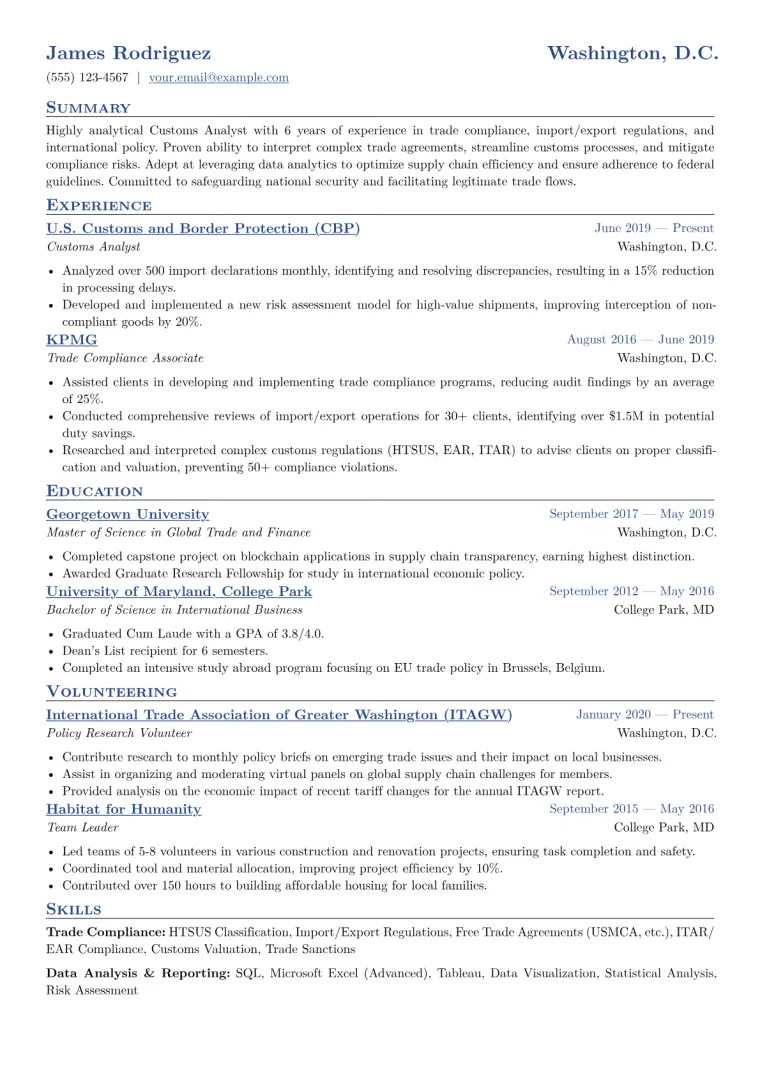 Customs Analyst Resume Example CV template preview