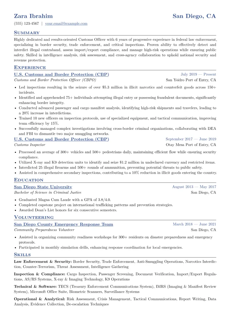 Customs Officer Resume Example CV template preview