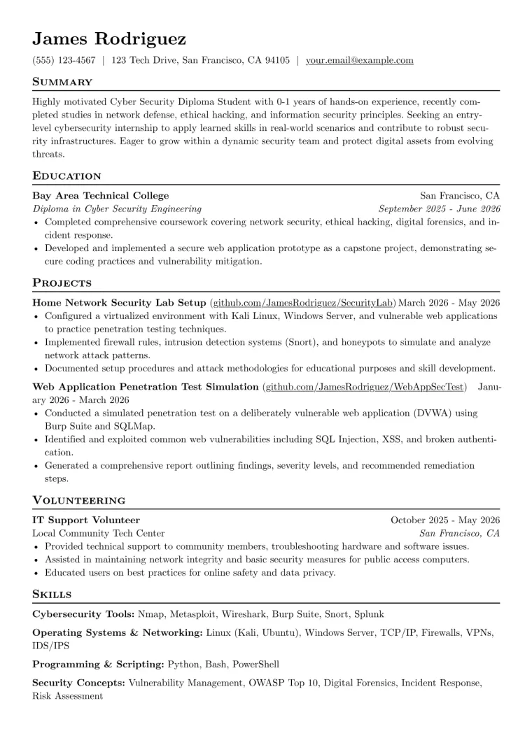 Cyber Security Diploma Student Resume Example CV template preview