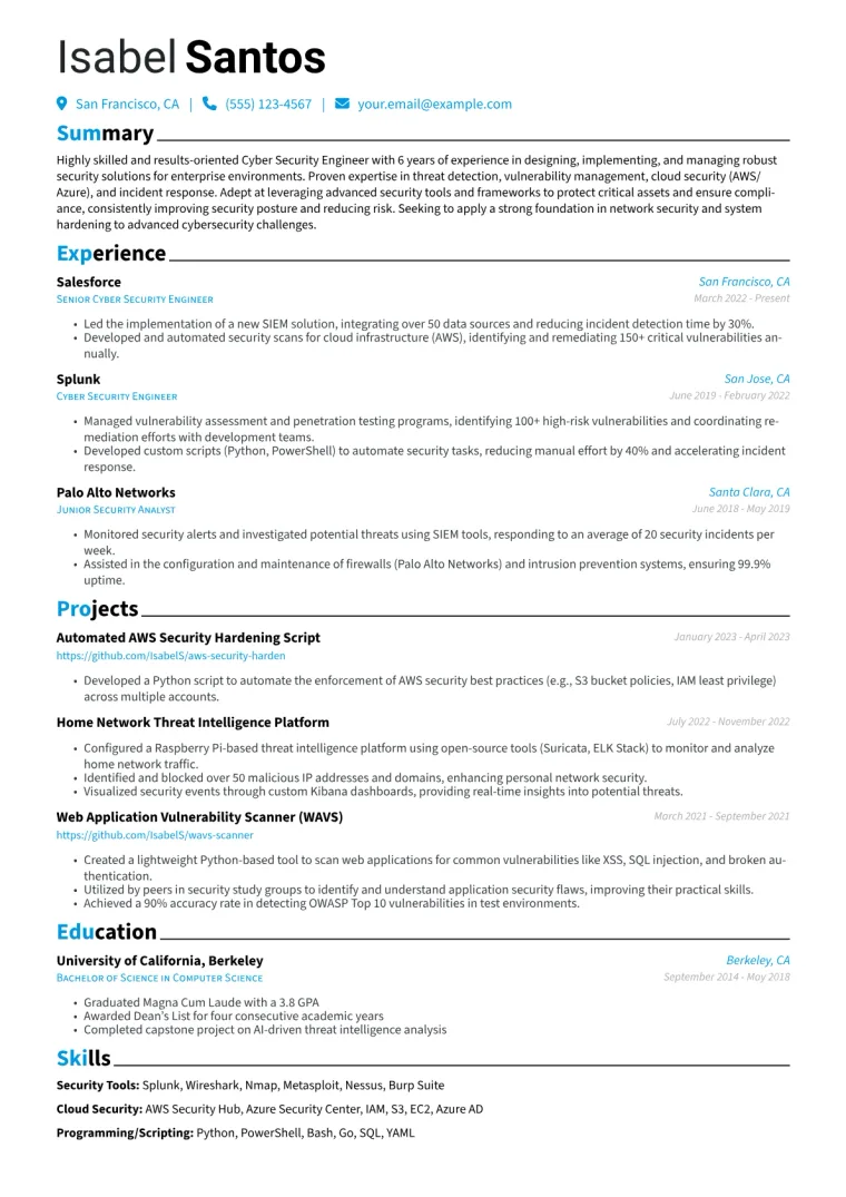 Cyber Security Engineer Resume Example CV template preview
