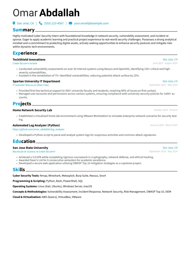 Cyber Security Intern Resume Example CV template preview