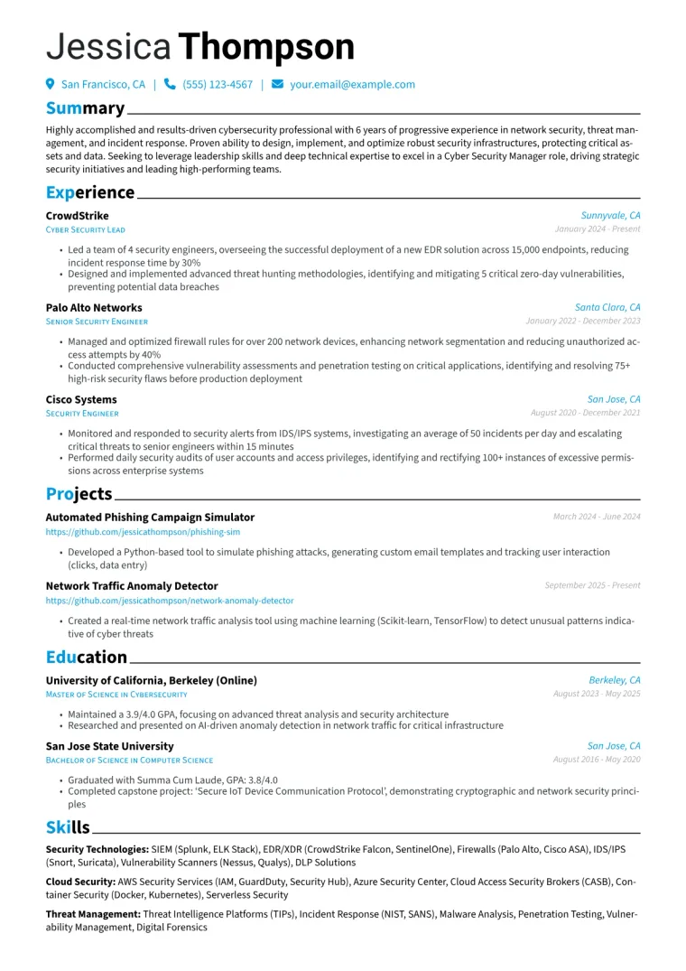 Cyber Security Manager Resume Example CV template preview