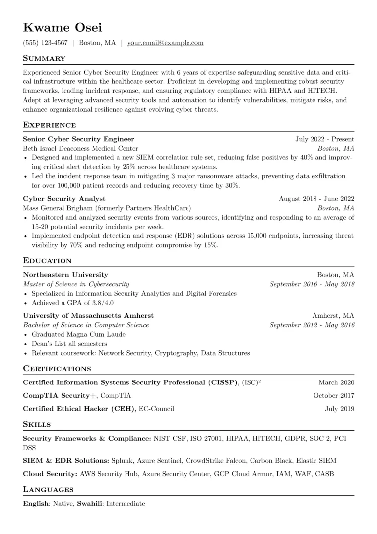 Cyber Security Resume Example CV template preview