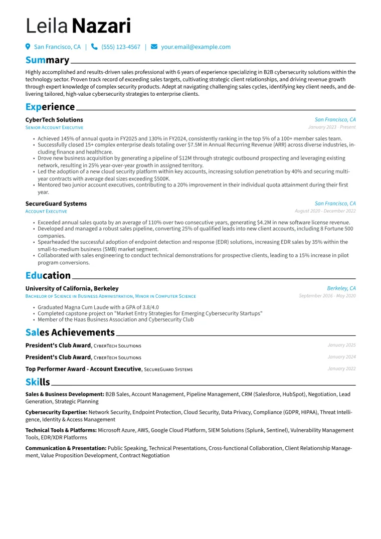 Cyber Security Sales Resume Example CV template preview
