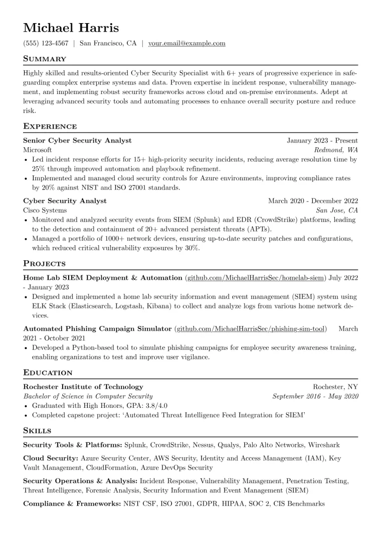 Cyber Security Specialist Resume Example CV template preview