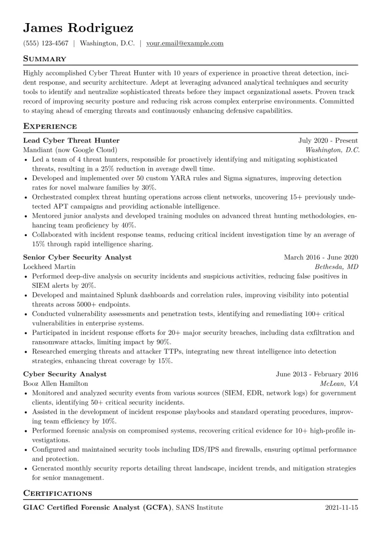 Cyber Threat Hunter Resume Example CV template preview