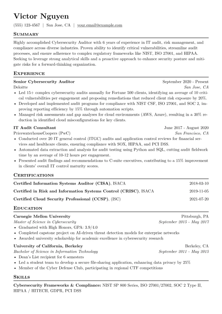 Cybersecurity Auditor Resume Example CV template preview