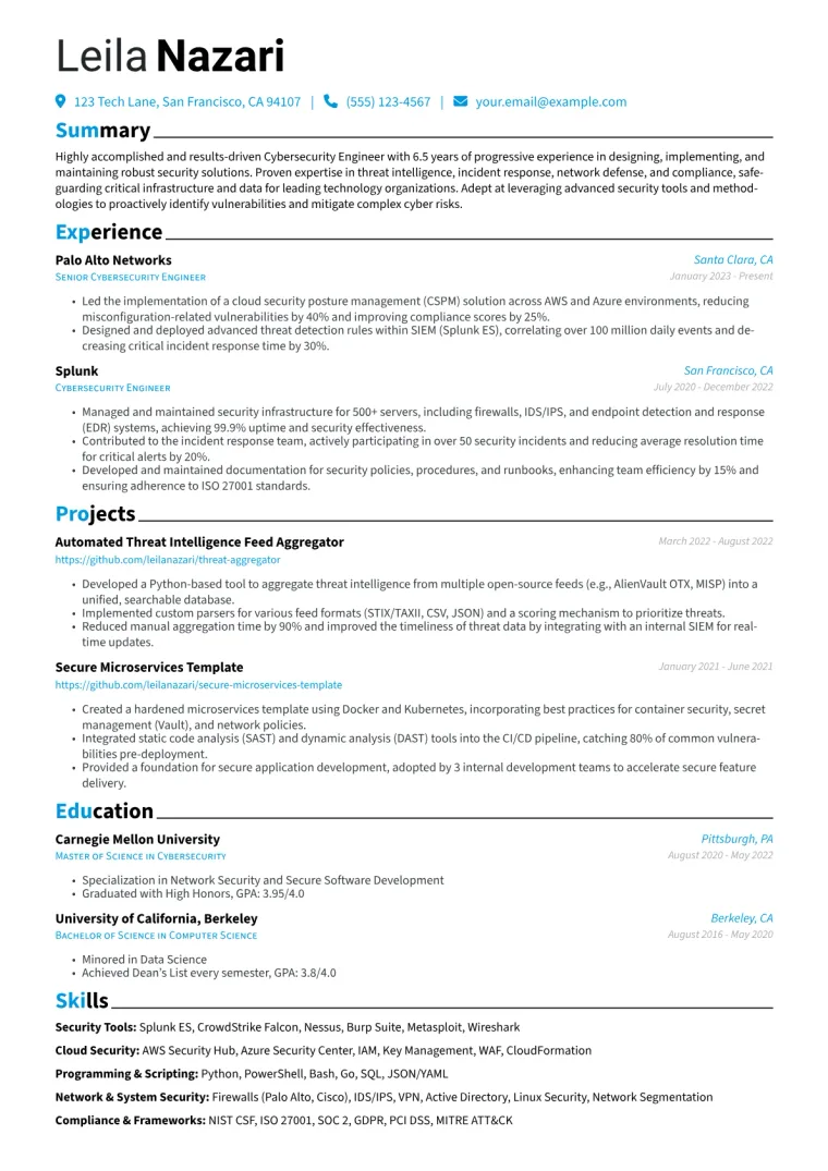 Cybersecurity Engineer Resume Example CV template preview
