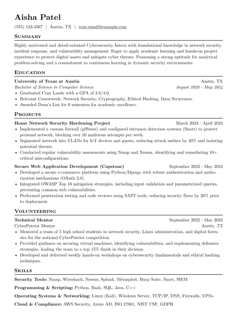 Cybersecurity Intern Resume Example CV template preview