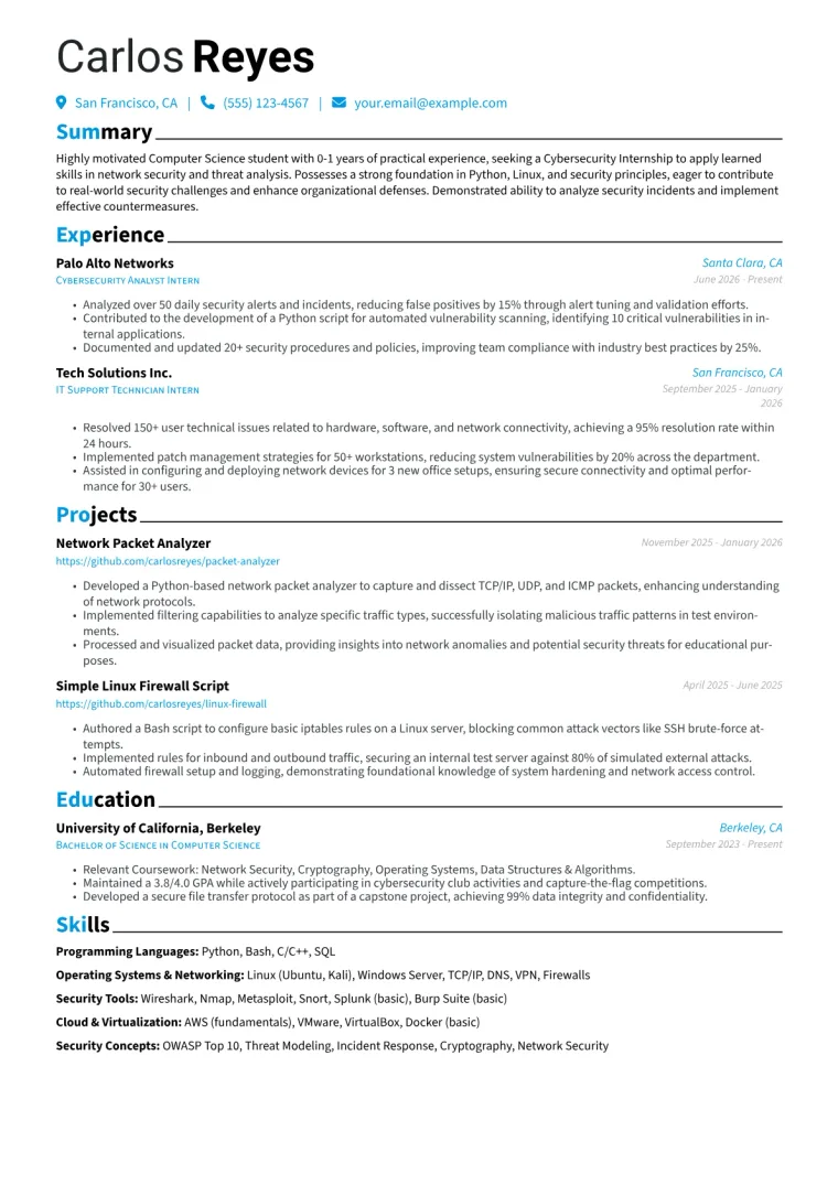 Cybersecurity Internship Resume Example CV template preview