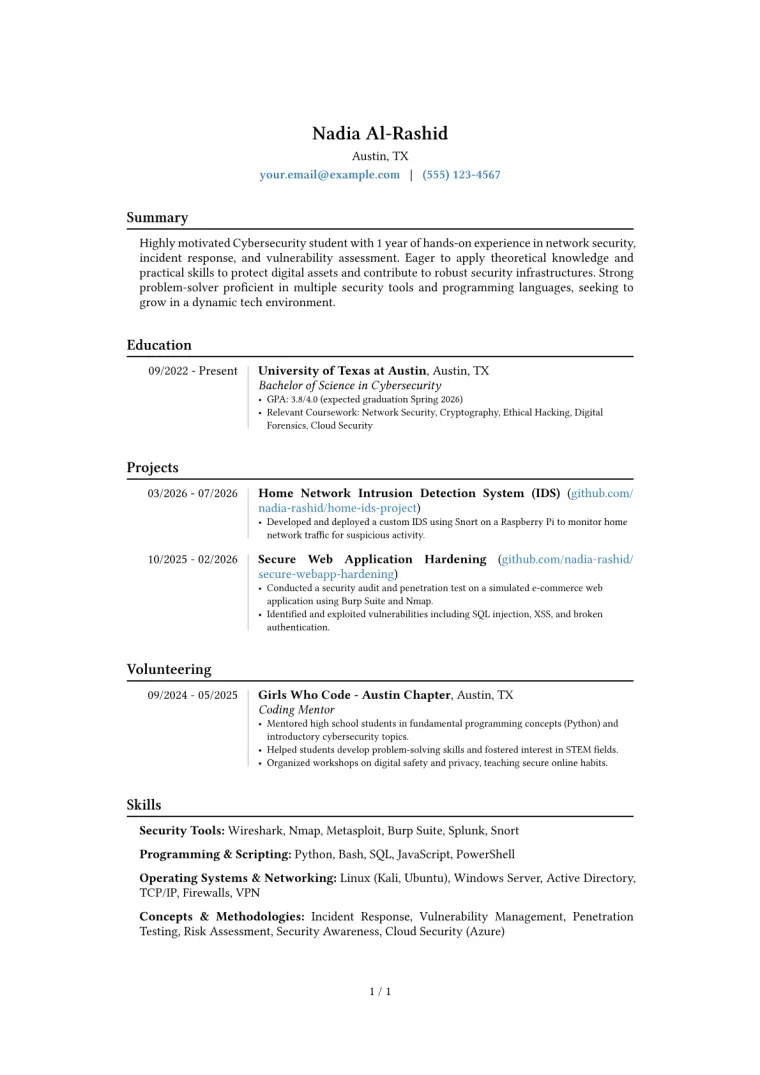 Cybersecurity Student Resume Example CV template preview
