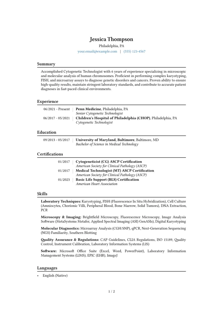 Cytogenetic Technologist Resume Example CV template preview