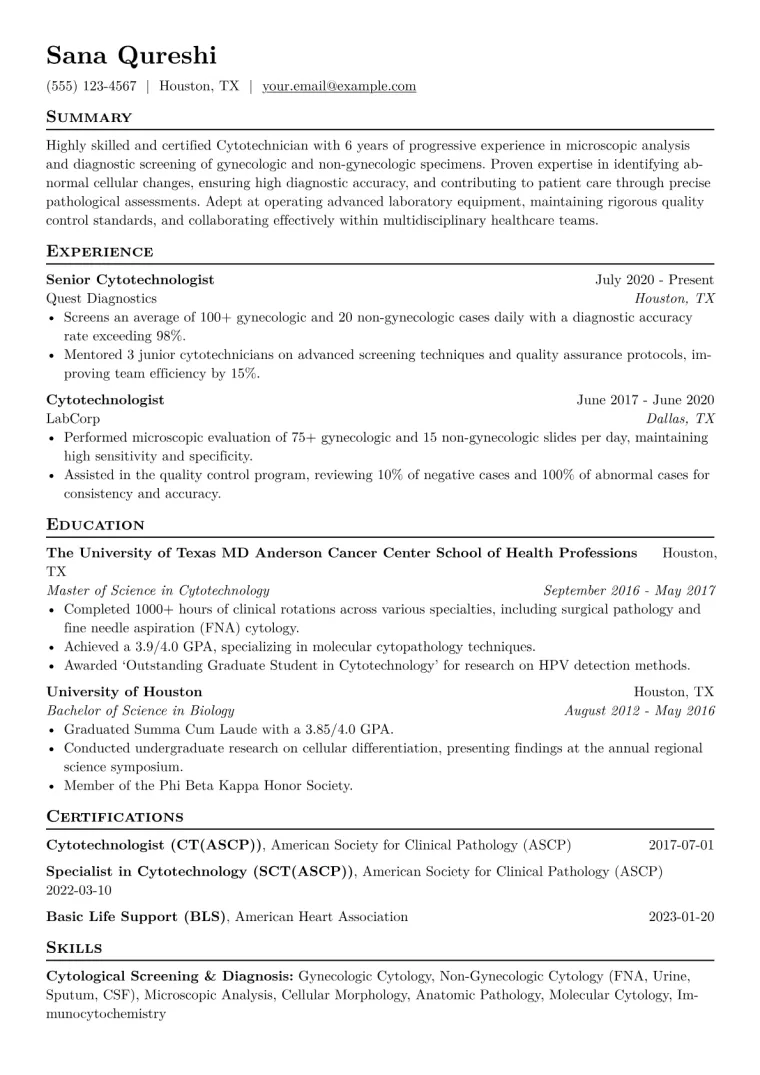Cytotechnician Resume Example CV template preview