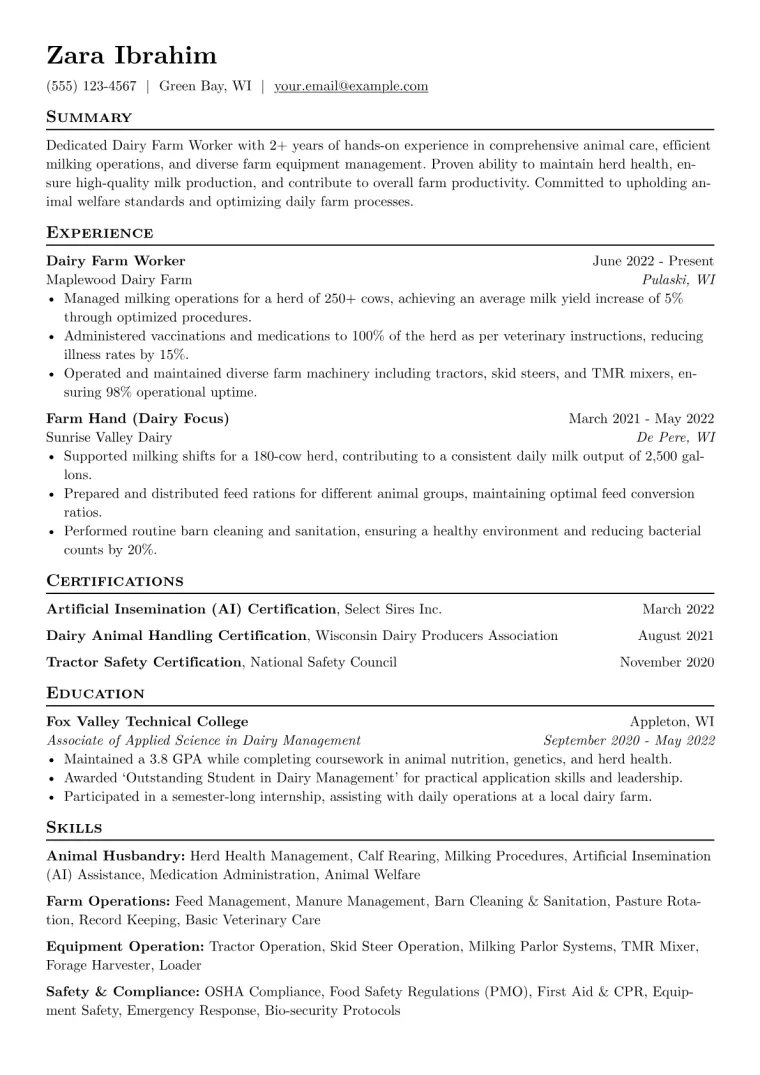 Dairy Farm Worker Resume Example CV template preview