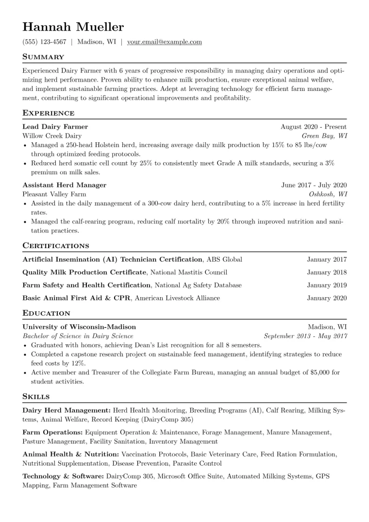 Dairy Farmer Resume Example CV template preview