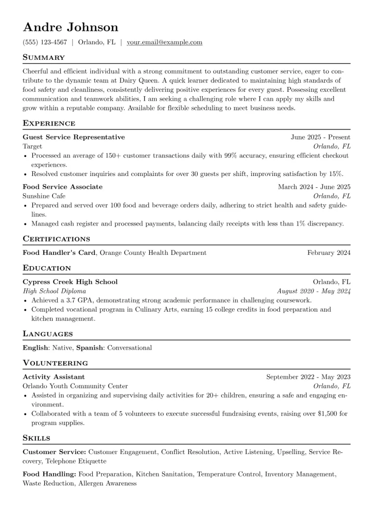Dairy Queen Resume Example preview