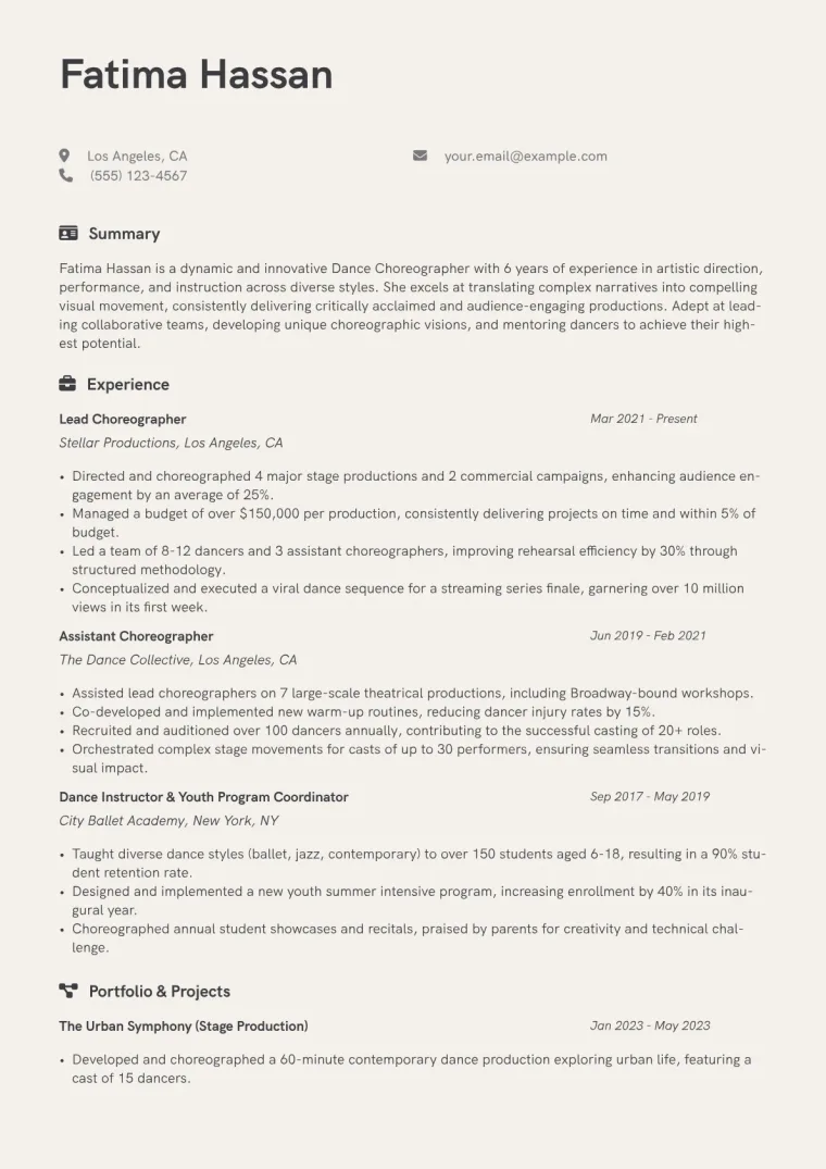 Dance Choreographer Resume Example CV template preview