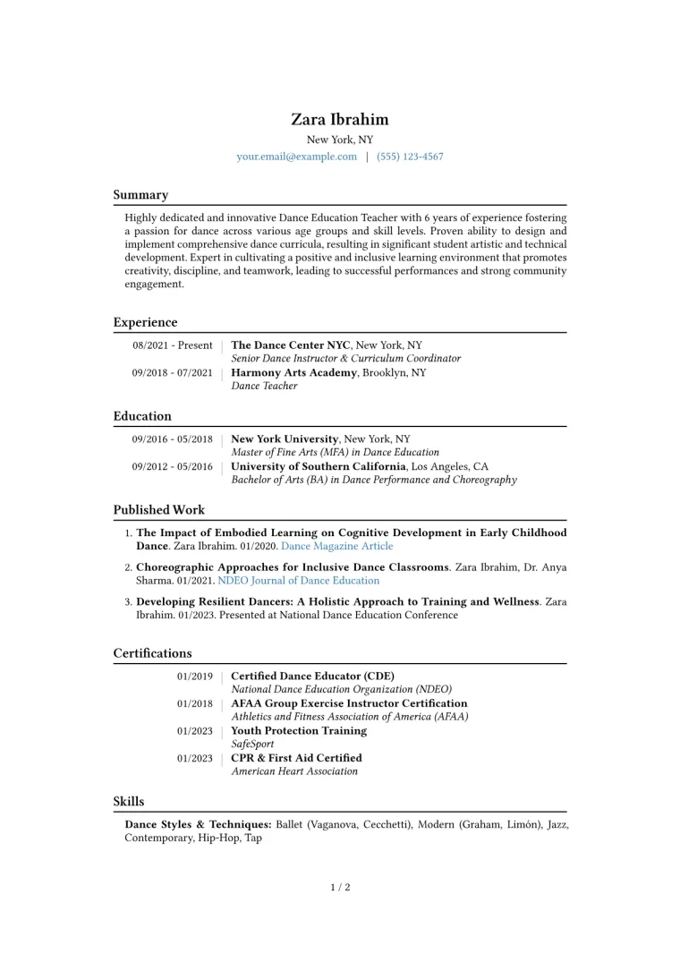 Dance Education Teacher Resume Example CV template preview