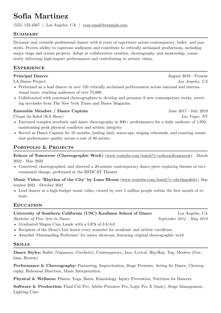 Dance Resume Example CV template preview