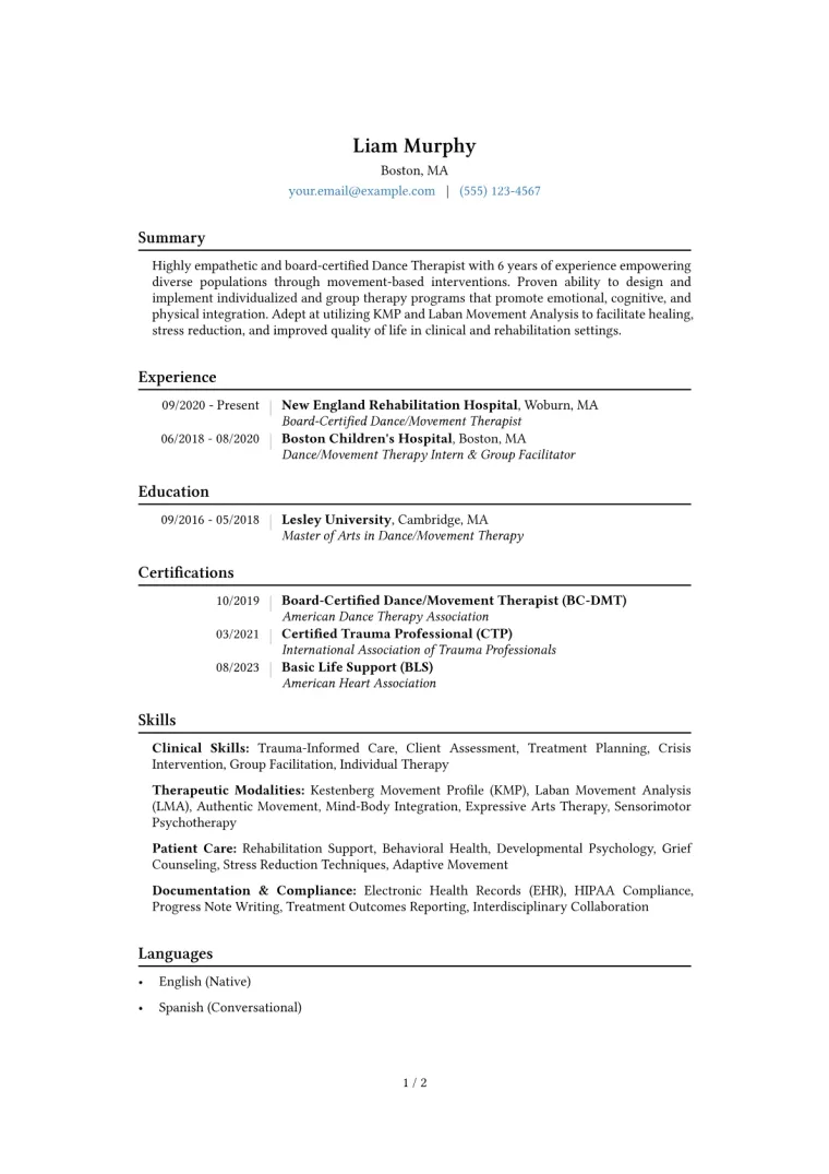 Dance Therapist Resume Example CV template preview